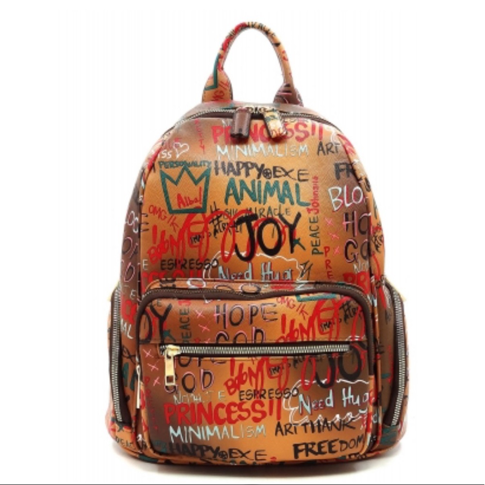 NEW Graffiti Print Backpack Brown, Black,  Multi